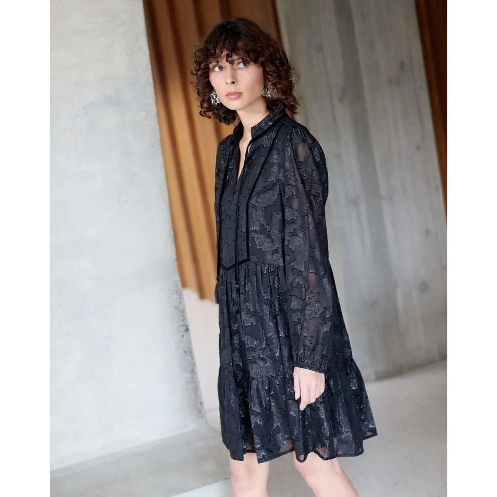 GALLERY Black Metallic Floral Velvet Trim Tiered Mini‎ Dress US 4 UK 8